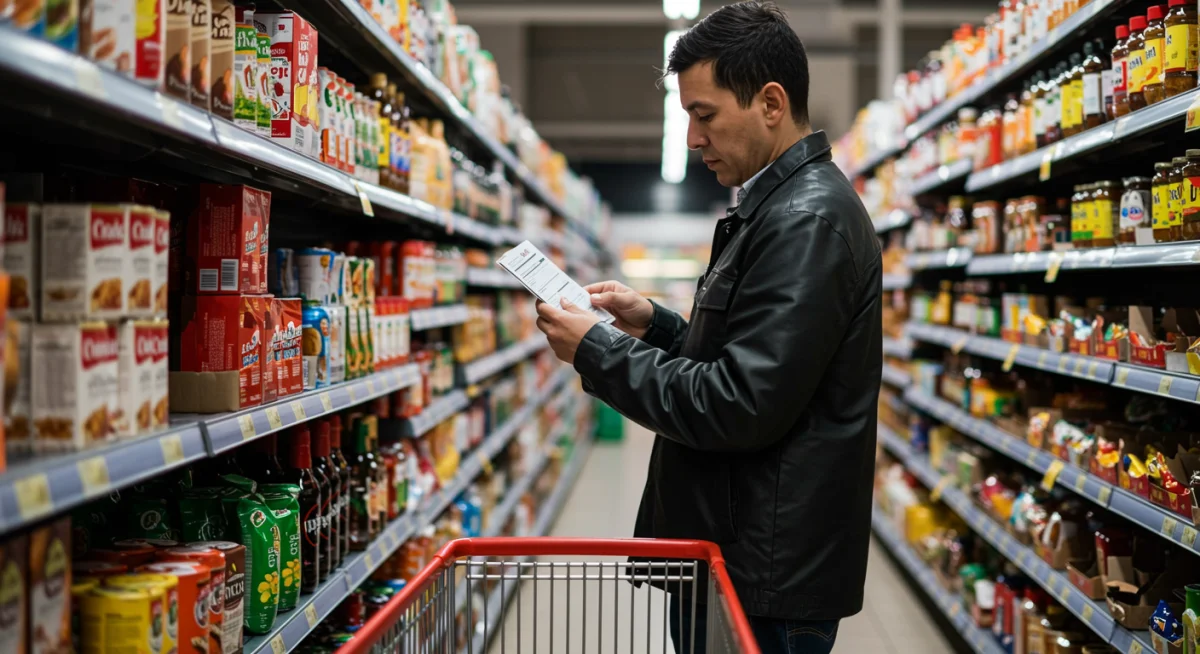 Person reading food labels to make conscious dietary choices