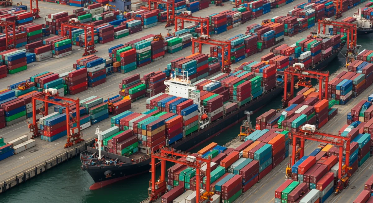 Container ships at a busy port, representing global shipping bottlenecks.