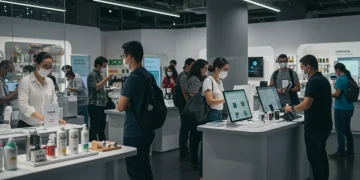 Diverse consumers engaging with digital and physical products in a post-pandemic world.
