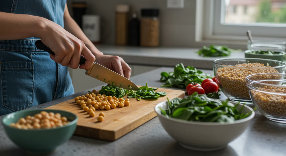 Person chopping fresh vegetables for a plant-based meal in a modern kitchen, focusing on healthy ingredients.