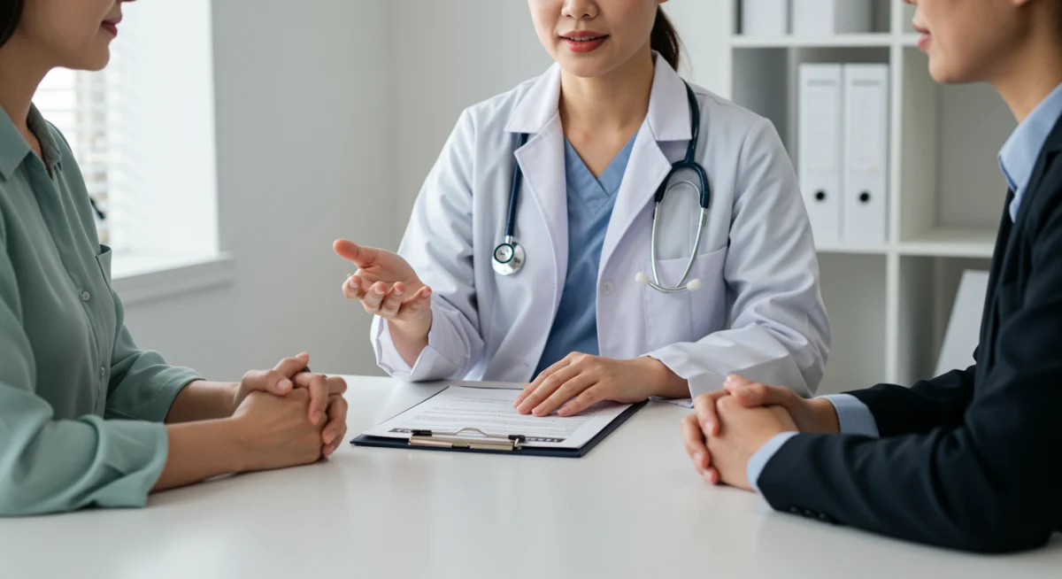 Healthcare professional discussing preventative care with a patient in a clinic.