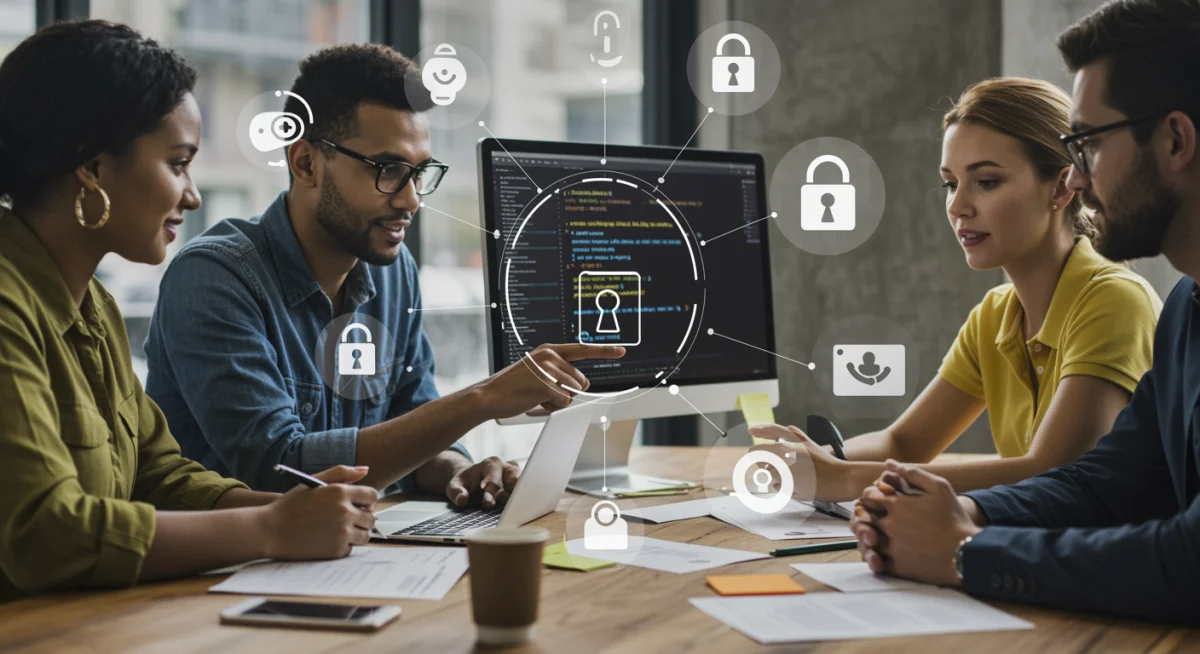 Tech team collaborating on privacy by design in product development.