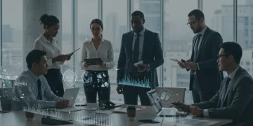 Professionals calmly managing work in a modern office environment, demonstrating effective stress management techniques.