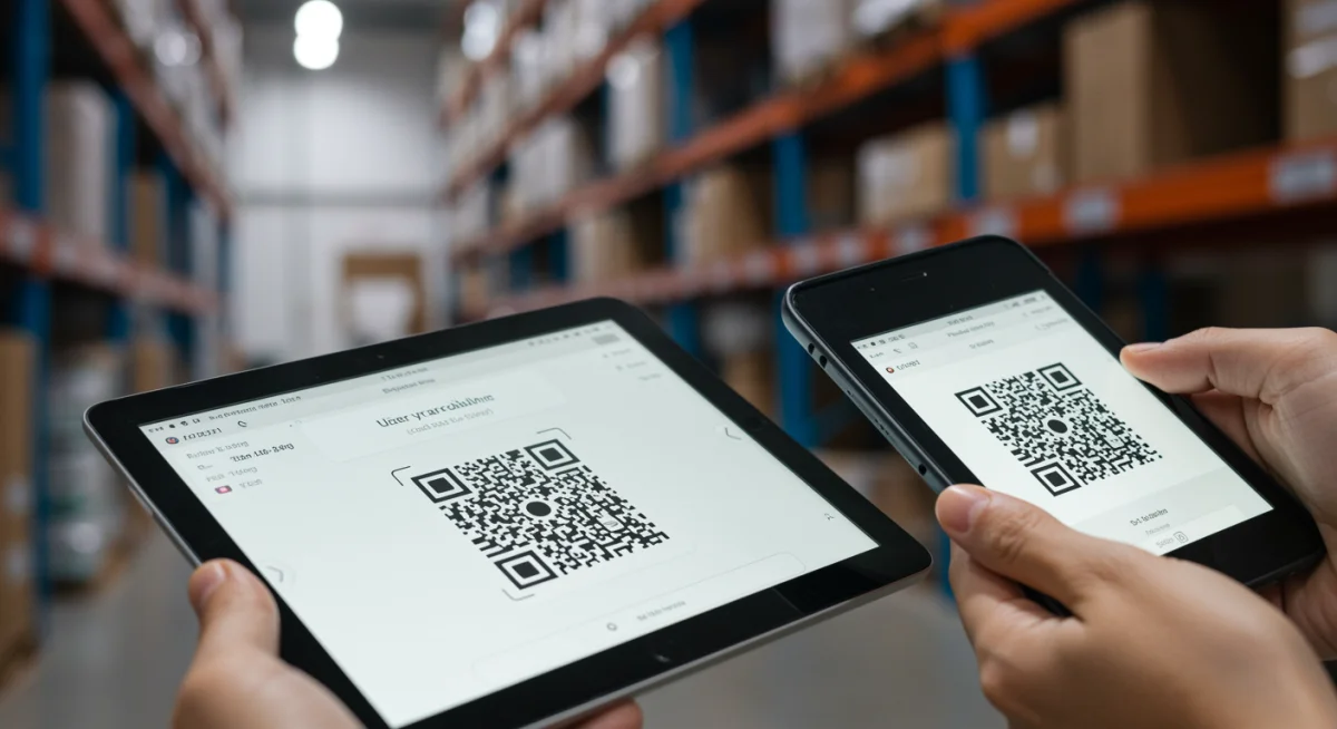 Product traceability with QR code scan linked to blockchain ledger on a tablet.