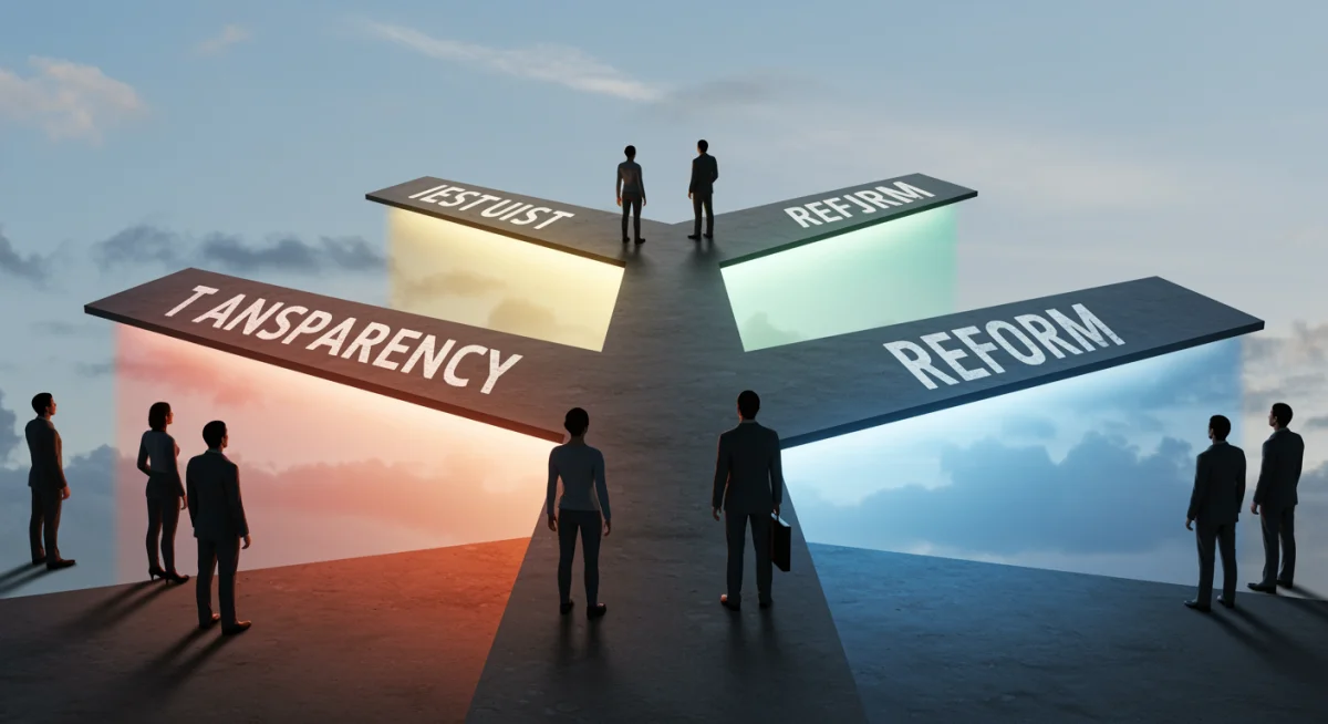 People at a crossroads choosing paths of transparency, accountability, and reform for institutions.