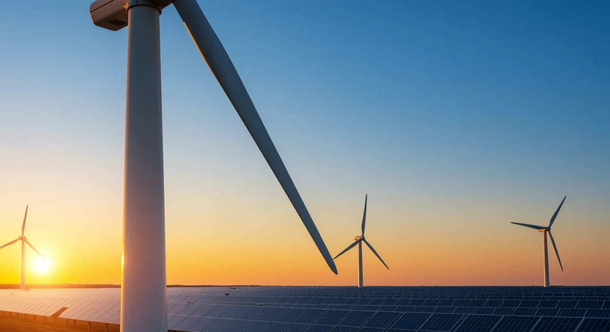 Wind turbine and solar farm symbolizing renewable energy integration.