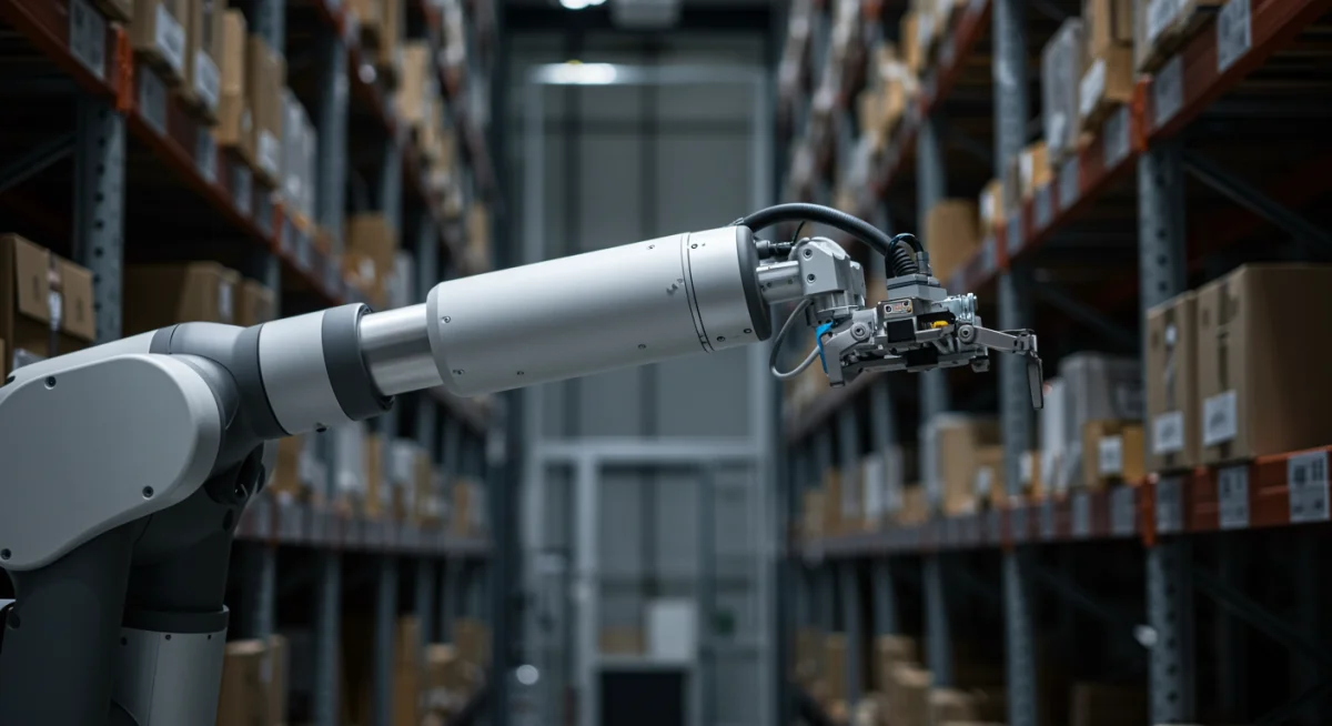Robotic arm meticulously picking an item in an automated warehouse.