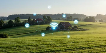 Rural landscape with digital network overlay, symbolizing internet connectivity challenges.