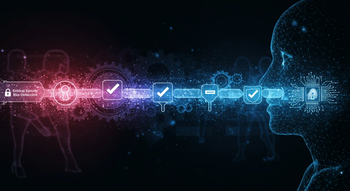 Abstract visual of secure data flow with ethical safeguards and bias detection checkpoints within an AI system.