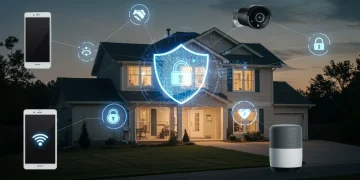 Secure smart home ecosystem with protected IoT devices and cybersecurity shield.