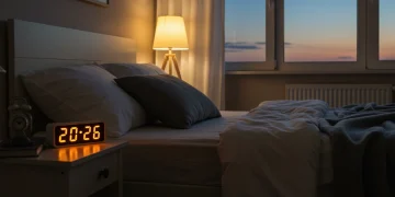 Serene bedroom scene with soft lighting, inviting bed, and calm evening sky, symbolizing restful sleep in 2026.