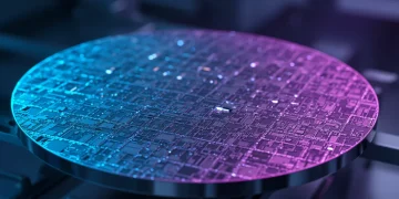 Silicon wafer with glowing circuits, representing semiconductor technology and innovation.
