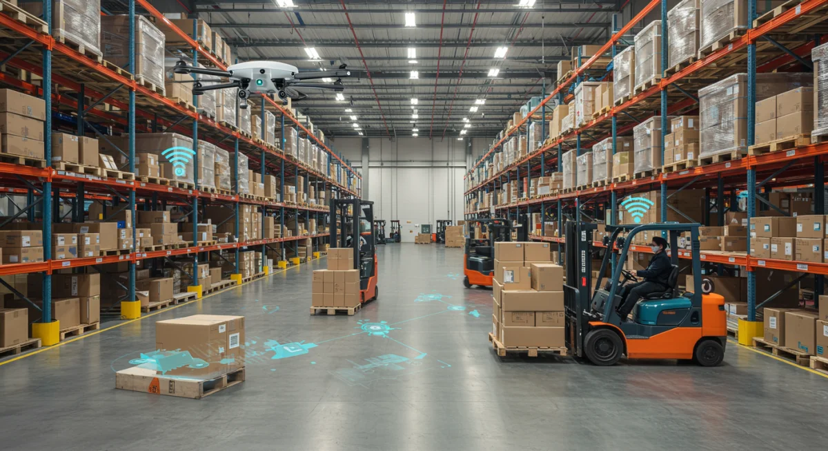 Autonomous drone and forklifts operating in a smart warehouse powered by 5G private network.