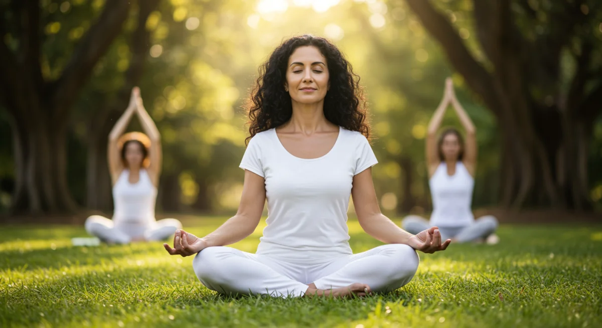 Person meditating in nature, demonstrating stress reduction for improved gut function