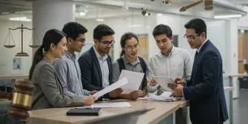 Students and professor discussing the new internship model 2026 in a modern setting