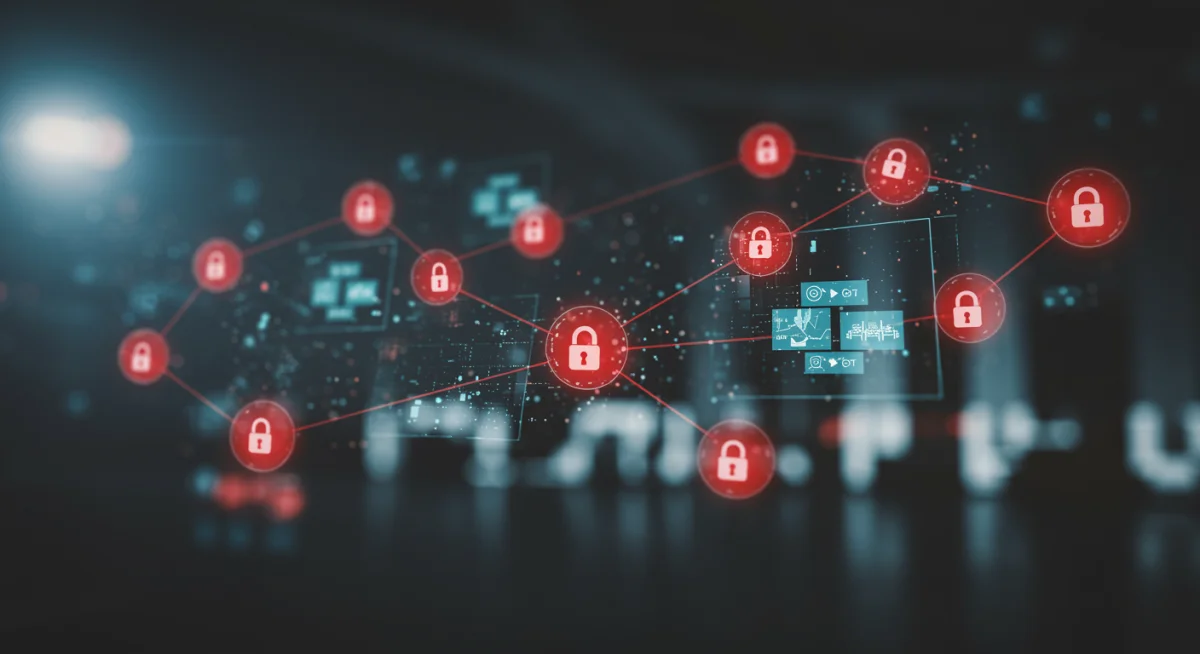 Visualizing supply chain vulnerabilities in cybersecurity, showing interconnected links and potential points of attack for businesses.