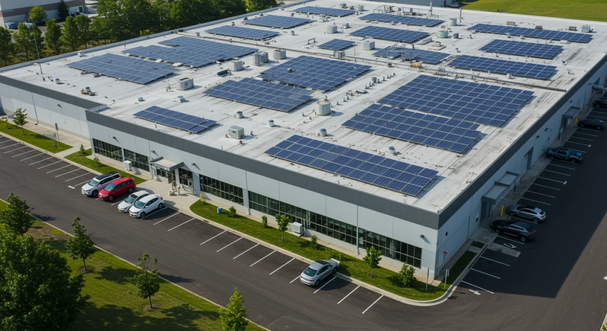 US factory with solar panels and electric vehicles, illustrating sustainable business adaptation