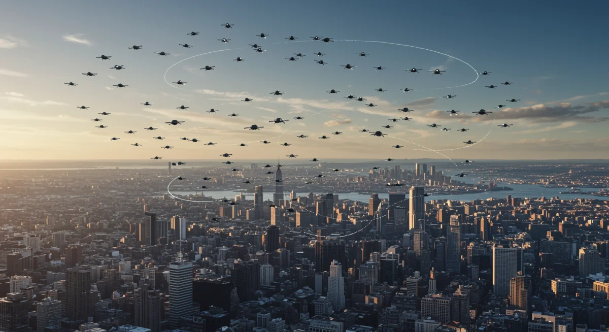 Autonomous drones exhibiting swarm intelligence over a city
