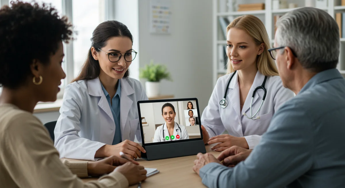 Telehealth consultation with diverse patients and providers, demonstrating accessible virtual care.