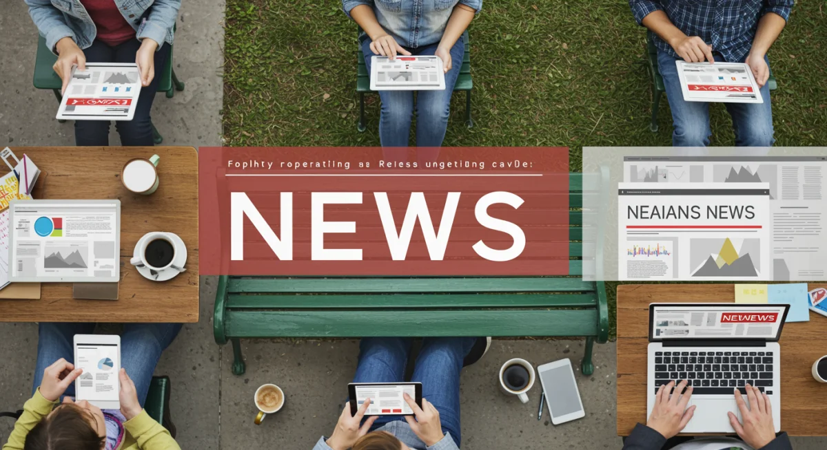 People consuming news on diverse digital devices in various settings.