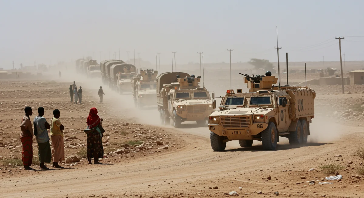 UN peacekeeping convoy in a conflict zone