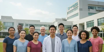 Diverse group of healthy people in front of a modern hospital, symbolizing universal healthcare access.
