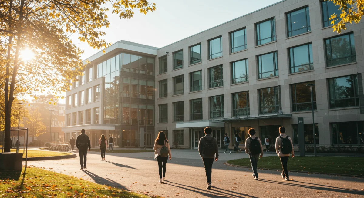 University students walking towards a modern campus building, symbolizing future opportunities