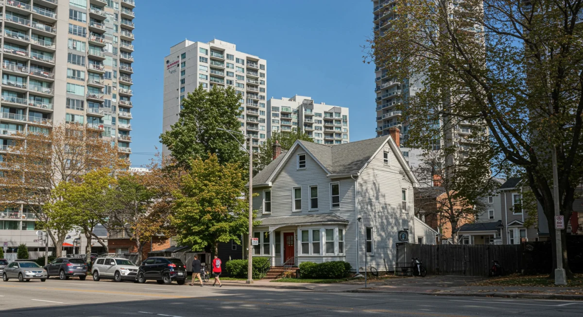 Urban landscape depicting limited affordable housing options and rising property values.