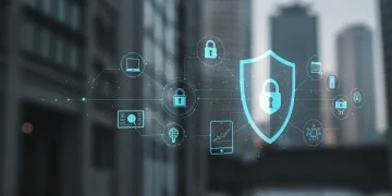 Digital shield protecting data, representing US data privacy laws and tech development.