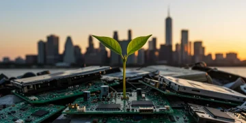 Pile of electronic waste with green plant overlay, symbolizing U.S. e-waste reduction efforts.
