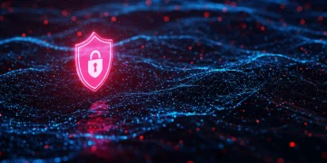 Digital shield protecting U.S. tech infrastructure against cyber threats in 2026.