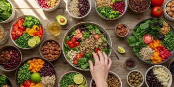 Colorful plant-based meal spread with fresh vegetables, fruits, and grains on a wooden table, representing healthy eating.