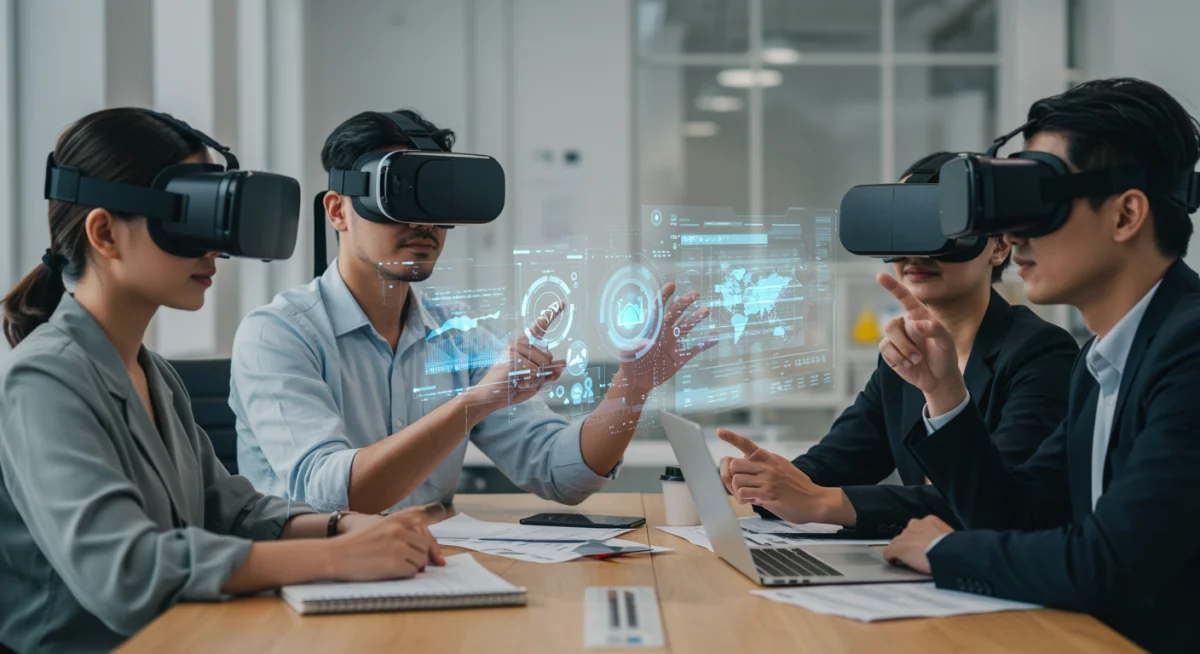 Professionals in a virtual reality meeting, showcasing advanced remote collaboration.
