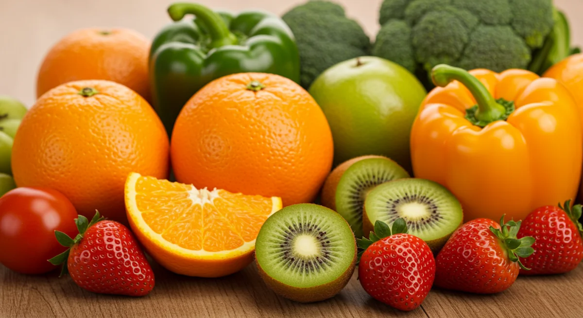 Assortment of Vitamin C rich fruits and vegetables on a table.
