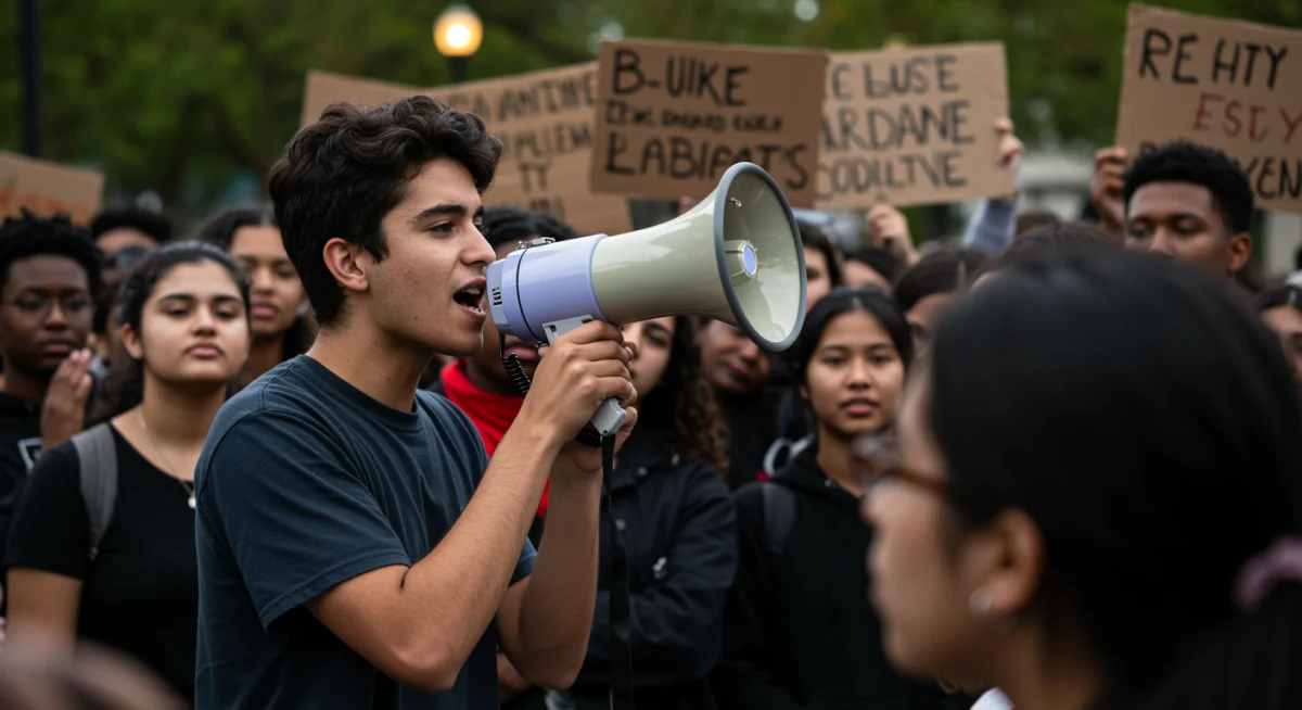 Young activist speaking at a rally, inspiring a diverse crowd