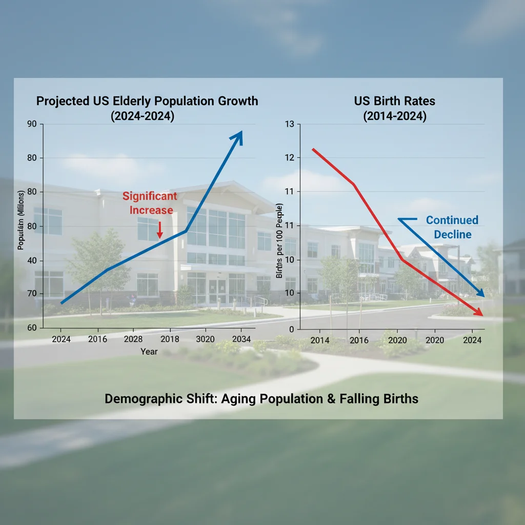 Graph showing projected growth of elderly population and declining birth rates in the US