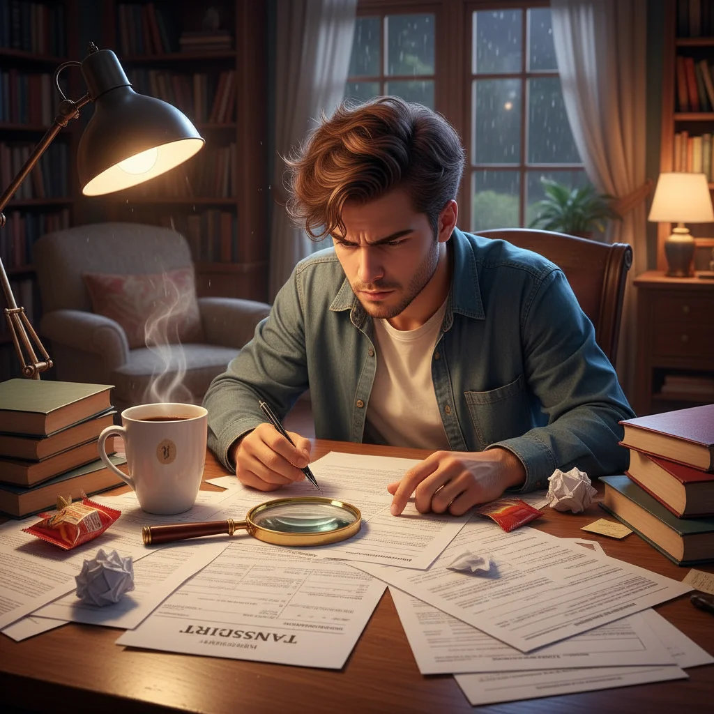 Student meticulously reviewing university application documents
