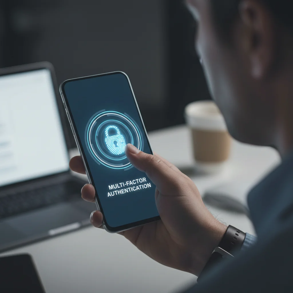 User authenticating with fingerprint on smartphone, showing multi-factor security.
