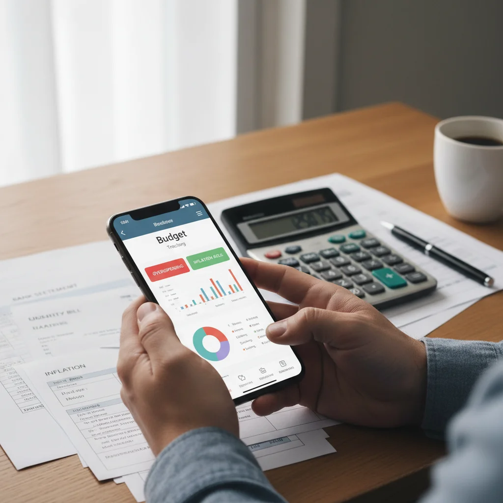 Individual using a budgeting app to manage finances amidst rising inflation.