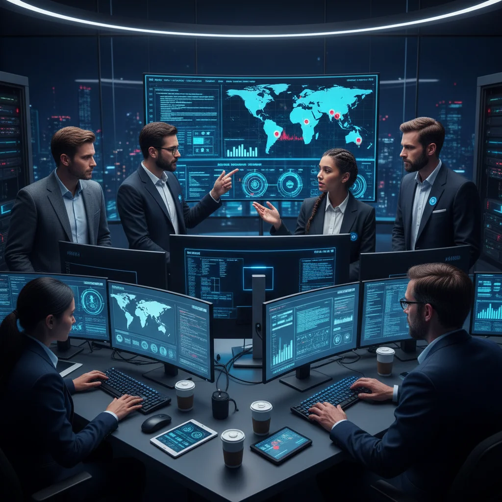 Cybersecurity team collaborating on threat intelligence