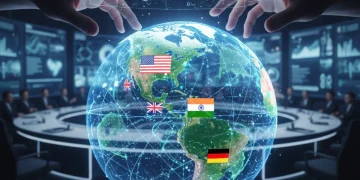 Global digital diplomacy in 2026 with interconnected nations and holographic interfaces.