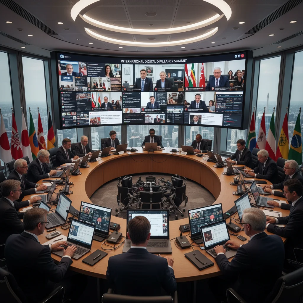 Diplomats using digital tools in a modern conference setting for international communication.