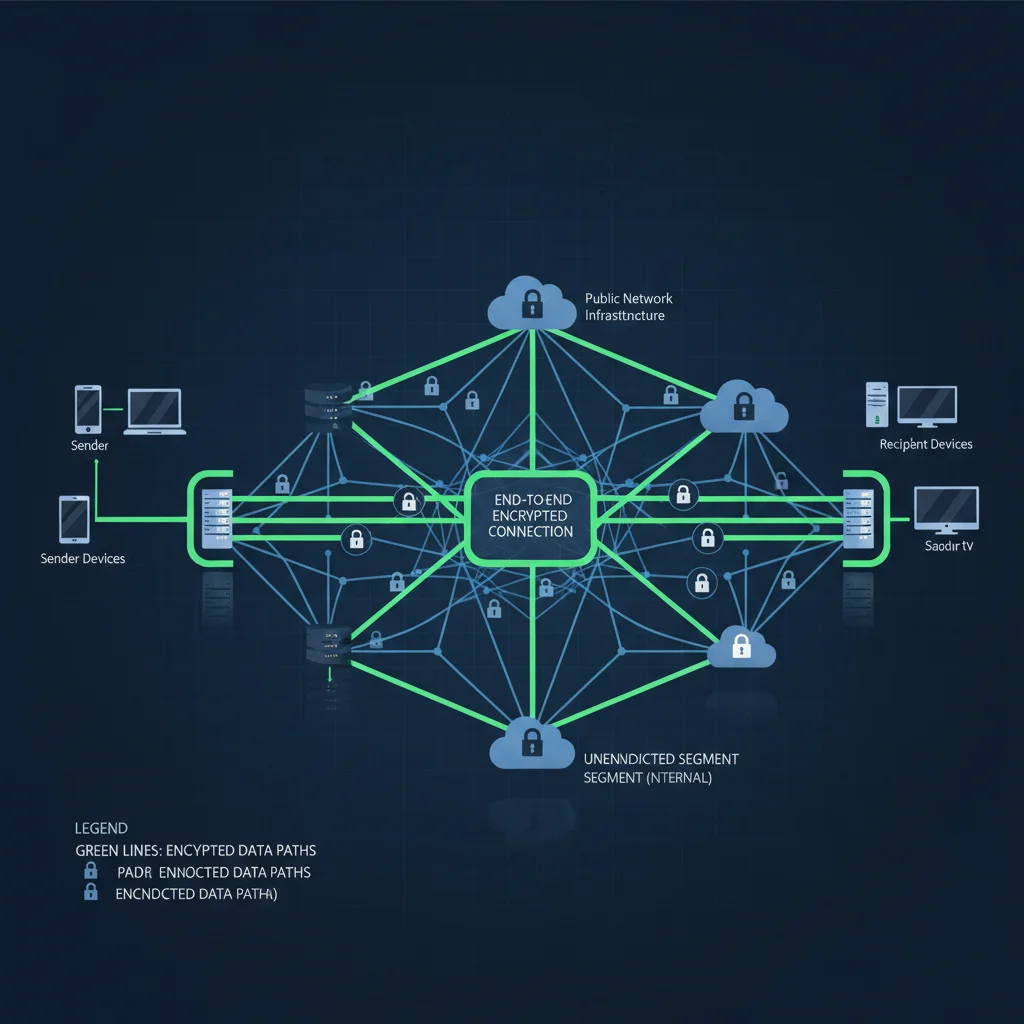 End-to-end encryption visualized with secure data flow between devices.