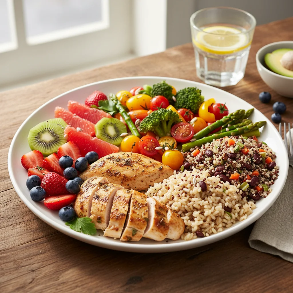 Balanced plate of healthy food for energy.