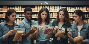 Consumers analyzing prices in a grocery store, reflecting inflation's impact on 2026 spending.
