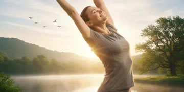 Refreshed person stretching, symbolizing energy and vitality.