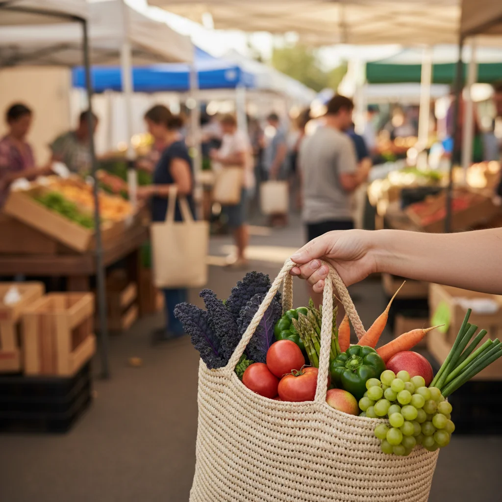 Sustainable shopping with local produce, reflecting changing consumer values in 2026.