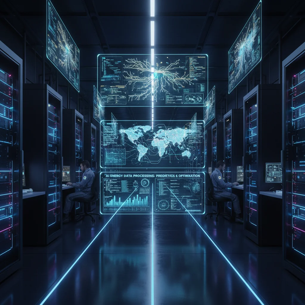 AI data center analyzing energy consumption patterns for grid optimization.