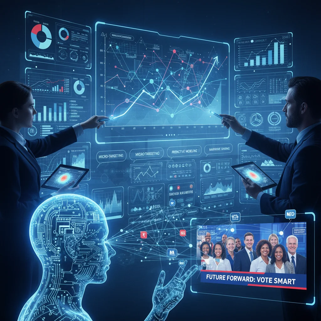 Data analytics and AI influencing political campaign strategies and voter targeting.