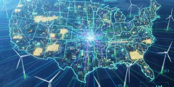 Futuristic smart grid with AI optimizing renewable energy across the US.